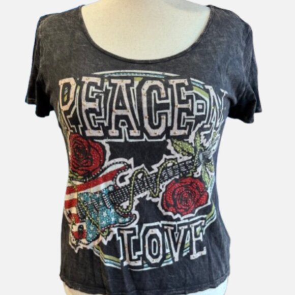 THE CLAS-SIC Peace-N-Love Graphic Tee with Gems Y2K Boho Rocker Edgy (Size S) - Picture 1 of 11